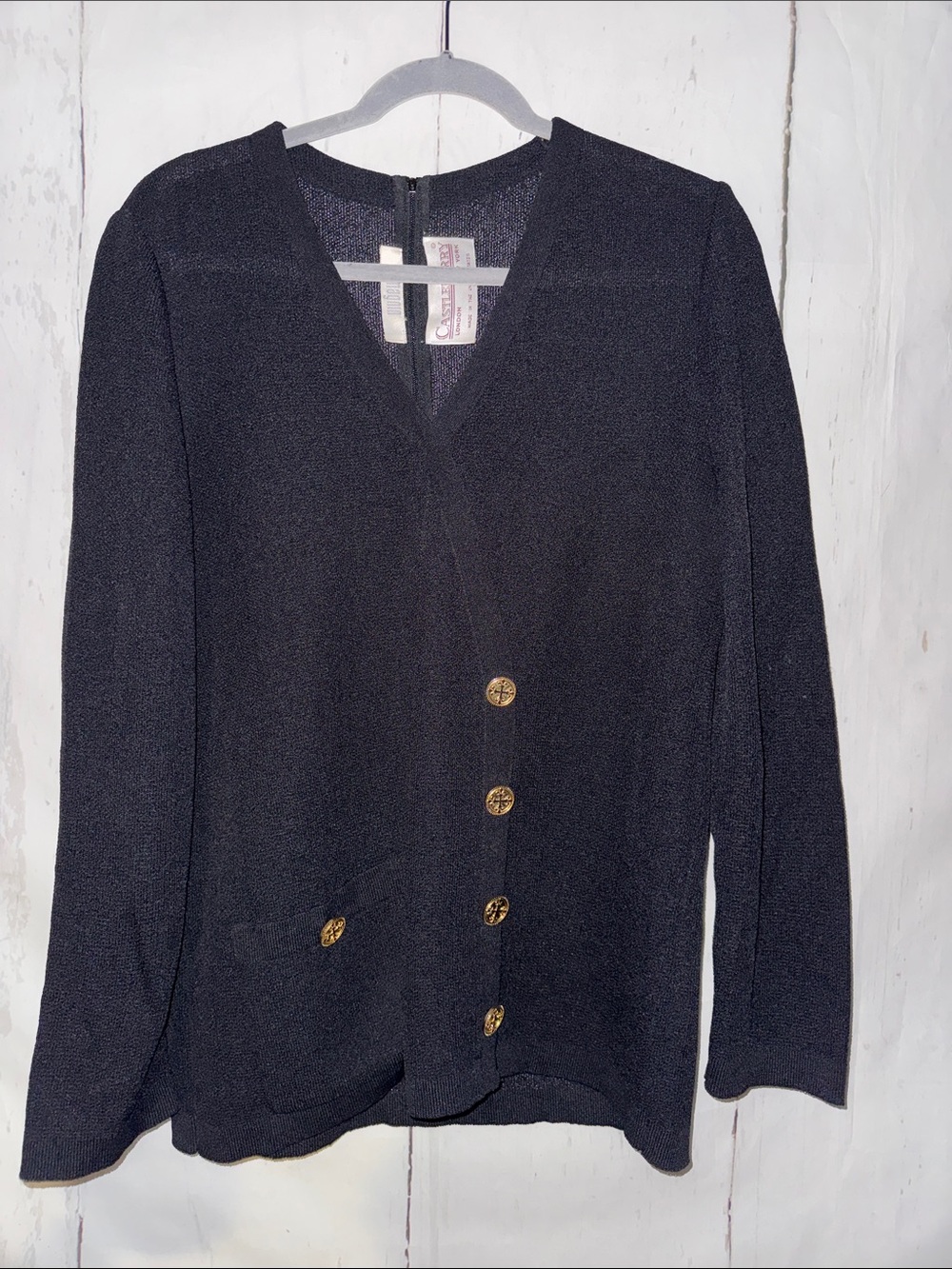 Vintage I-Magnin Black  Womens Classic Sweater, Gold button detail, back zipper